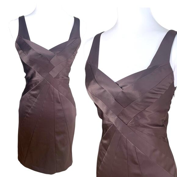 Vintage Y2K Stretch Satin Mini Cocktail Dress Chocolate Brown Formal Flattering - Picture 1 of 13